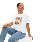 Women's Boxy Tee — "Powered by Café & Fé" Cute Coffee Graphic Crop Shirt