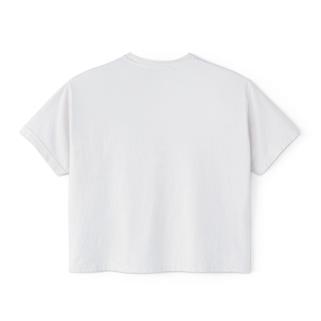 Women's Boxy Tee — "Powered by Café & Fé" Cute Coffee Graphic Crop Shirt