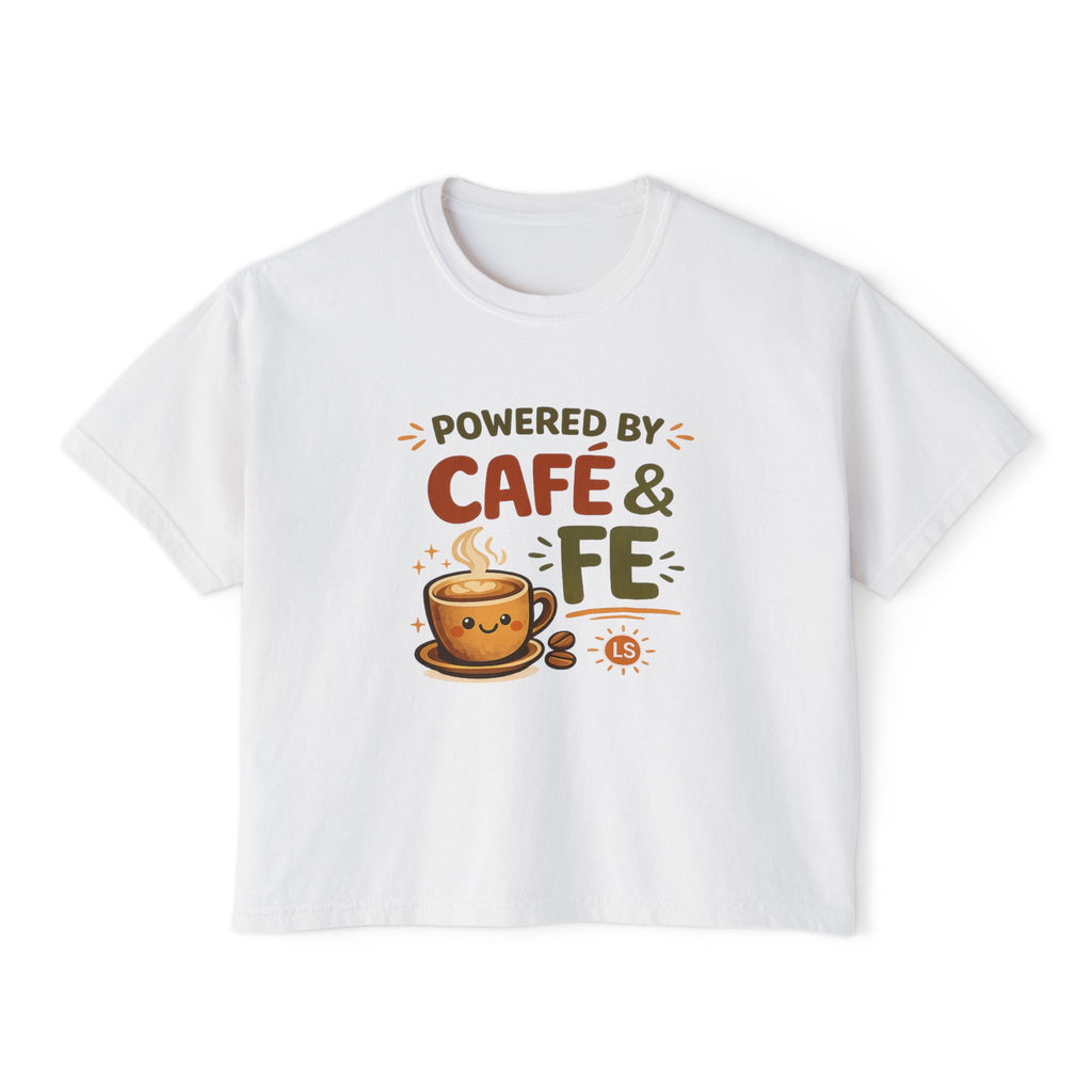 Women's Boxy Tee — "Powered by Café & Fé" Cute Coffee Graphic Crop Shirt