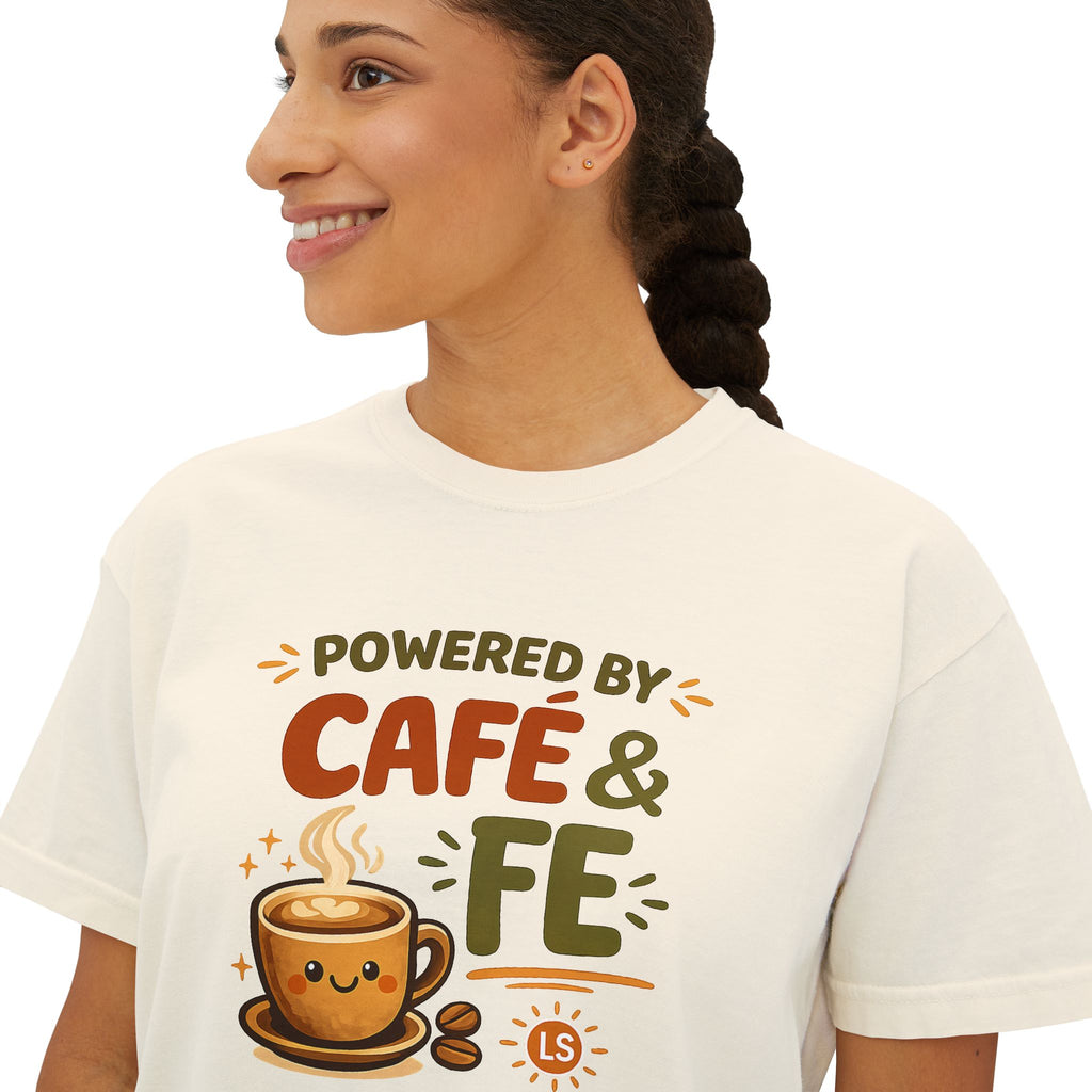 Women's Boxy Tee — "Powered by Café & Fé" Cute Coffee Graphic Crop Shirt