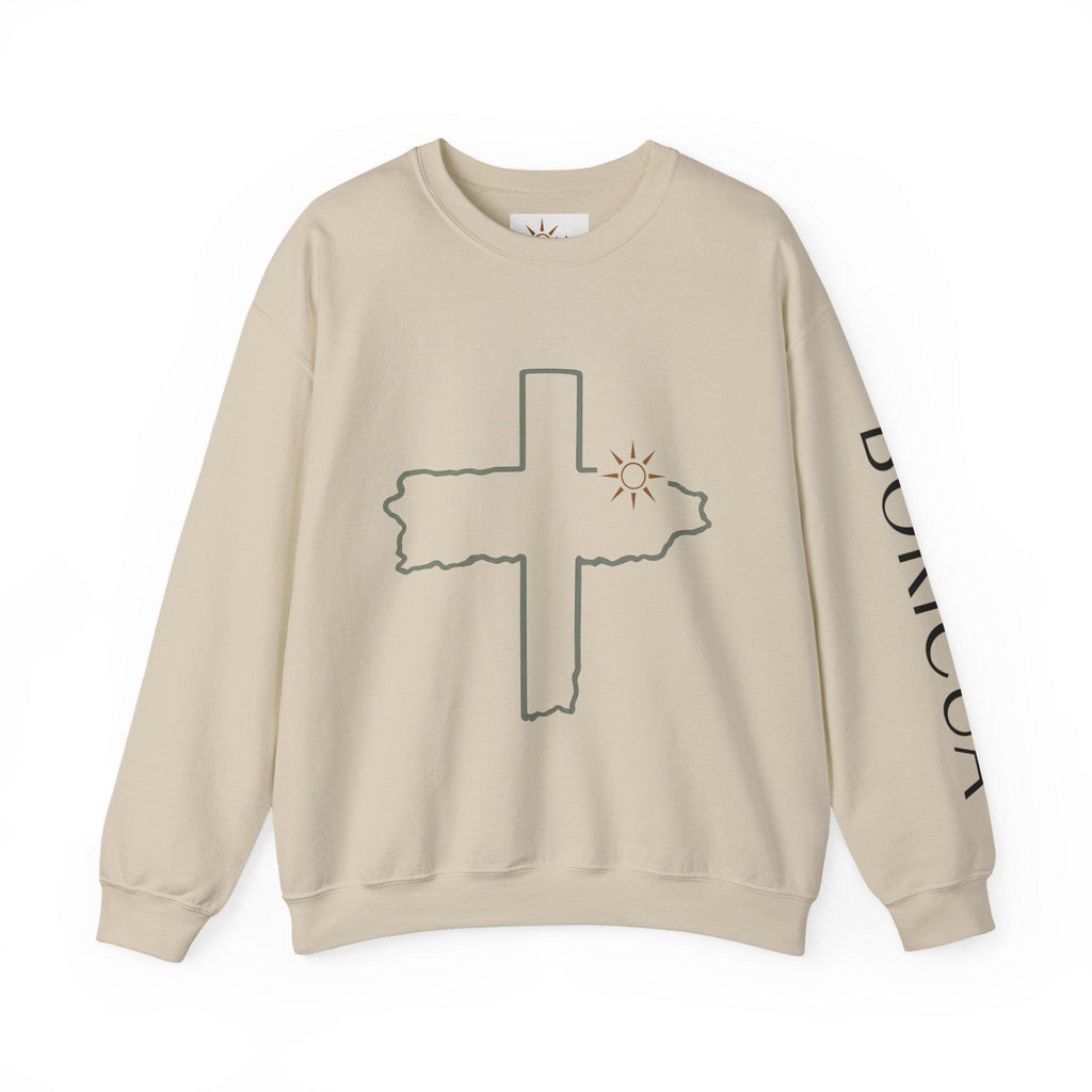 Unisex Distressed Cross with Sun Crewneck Sweatshirt | Bodicia Sleeve Text