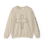 Unisex Distressed Cross with Sun Crewneck Sweatshirt | Bodicia Sleeve Text