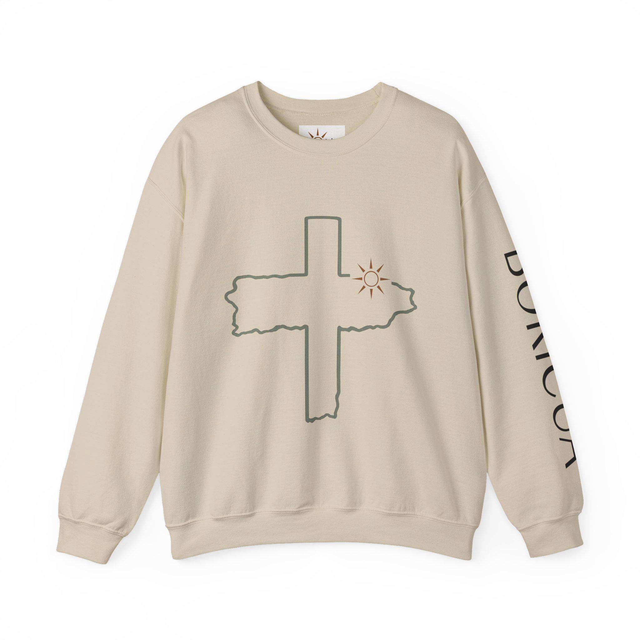Unisex Distressed Cross with Sun Crewneck Sweatshirt | Bodicia Sleeve Text