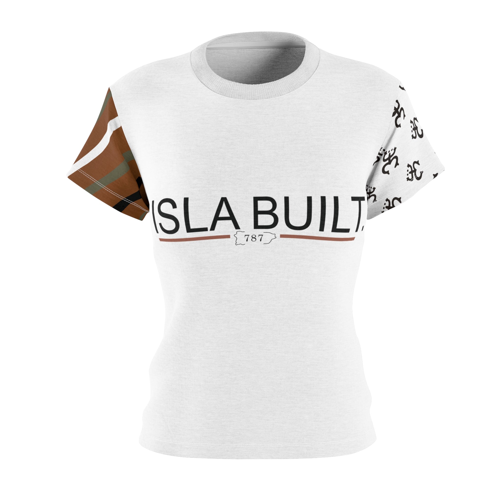 Isla Built Women's Cut & Sew Tee — Minimal Logo Graphic Tee with Patterned Sleeve