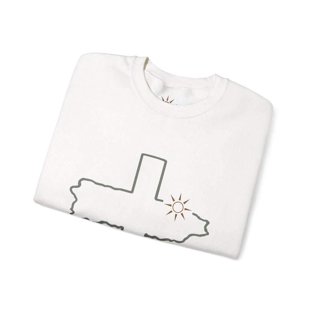 Unisex Distressed Cross with Sun Crewneck Sweatshirt | Bodicia Sleeve Text