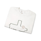 Unisex Distressed Cross with Sun Crewneck Sweatshirt | Bodicia Sleeve Text