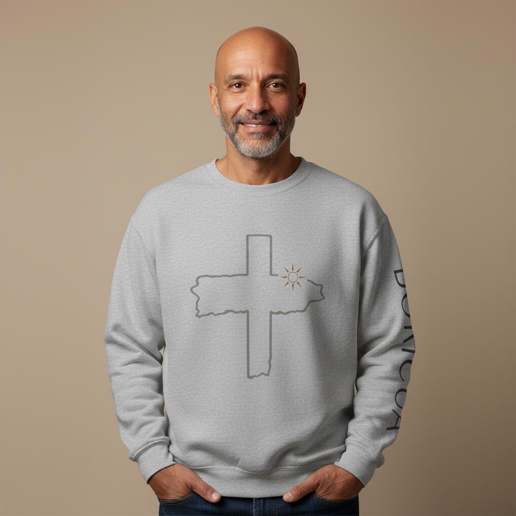 Unisex Distressed Cross with Sun Crewneck Sweatshirt | Bodicia Sleeve Text