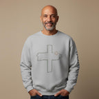 Unisex Distressed Cross with Sun Crewneck Sweatshirt | Bodicia Sleeve Text