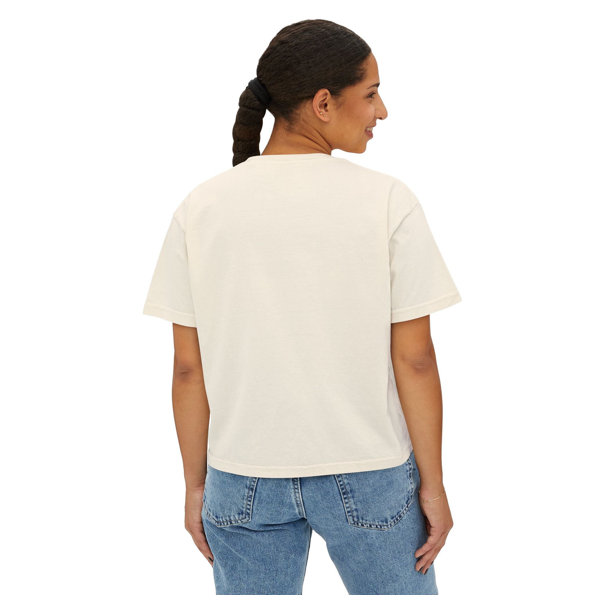 Women's Boxy Tee — "Powered by Café & Fé" Cute Coffee Graphic Crop Shirt