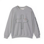 Unisex Distressed Cross with Sun Crewneck Sweatshirt | Bodicia Sleeve Text