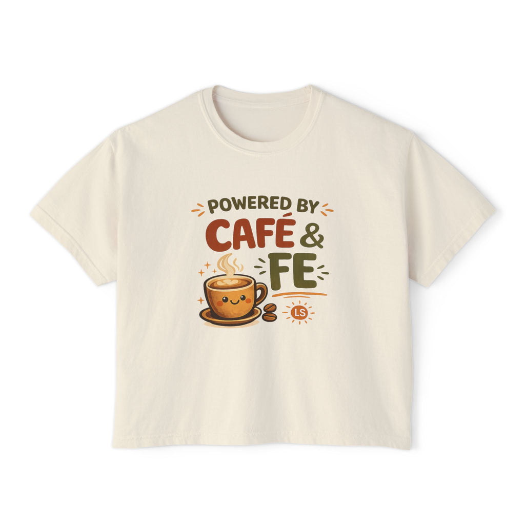 Women's Boxy Tee — "Powered by Café & Fé" Cute Coffee Graphic Crop Shirt