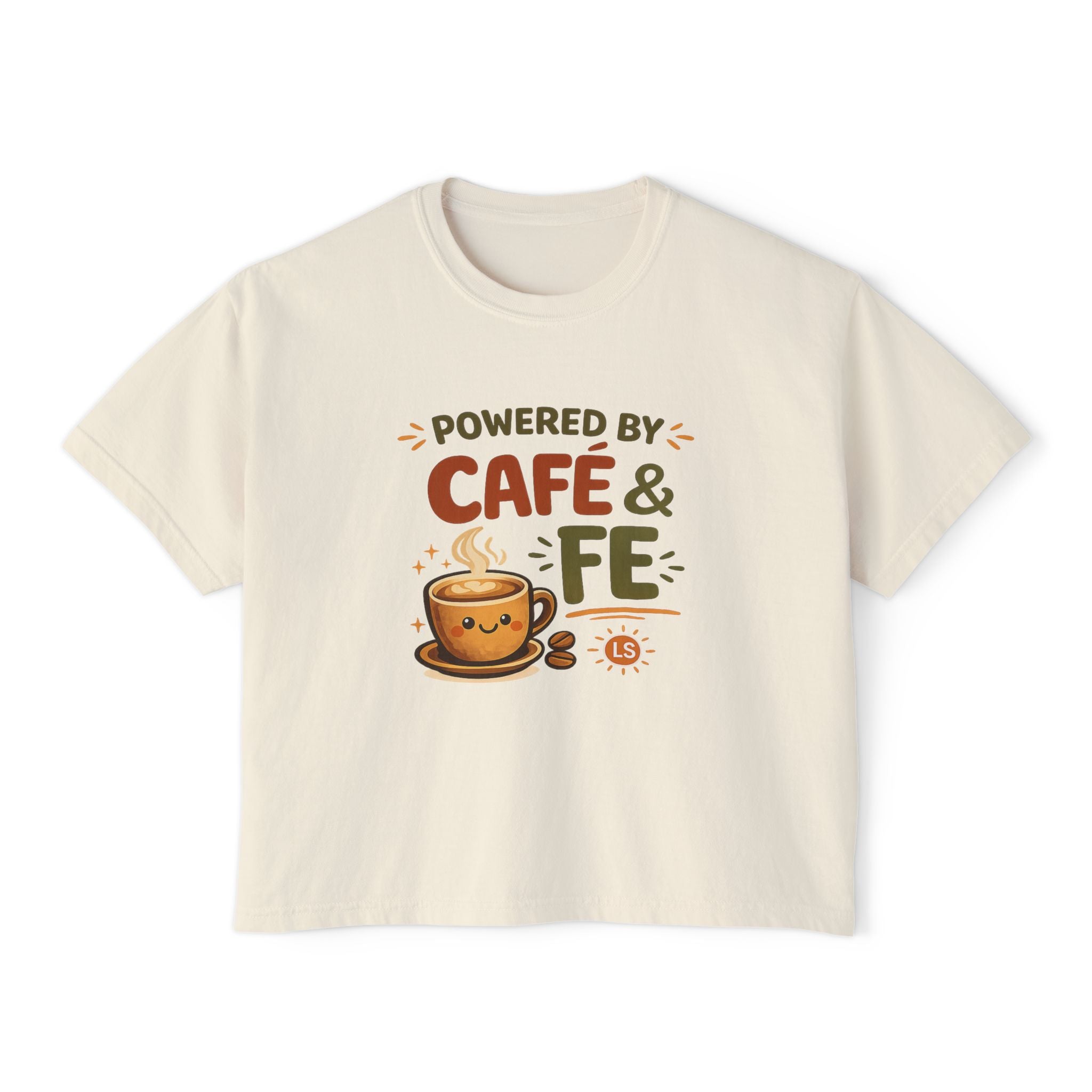 Women's Boxy Tee — "Powered by Café & Fé" Cute Coffee Graphic Crop Shirt