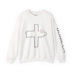 Unisex Distressed Cross with Sun Crewneck Sweatshirt | Bodicia Sleeve Text