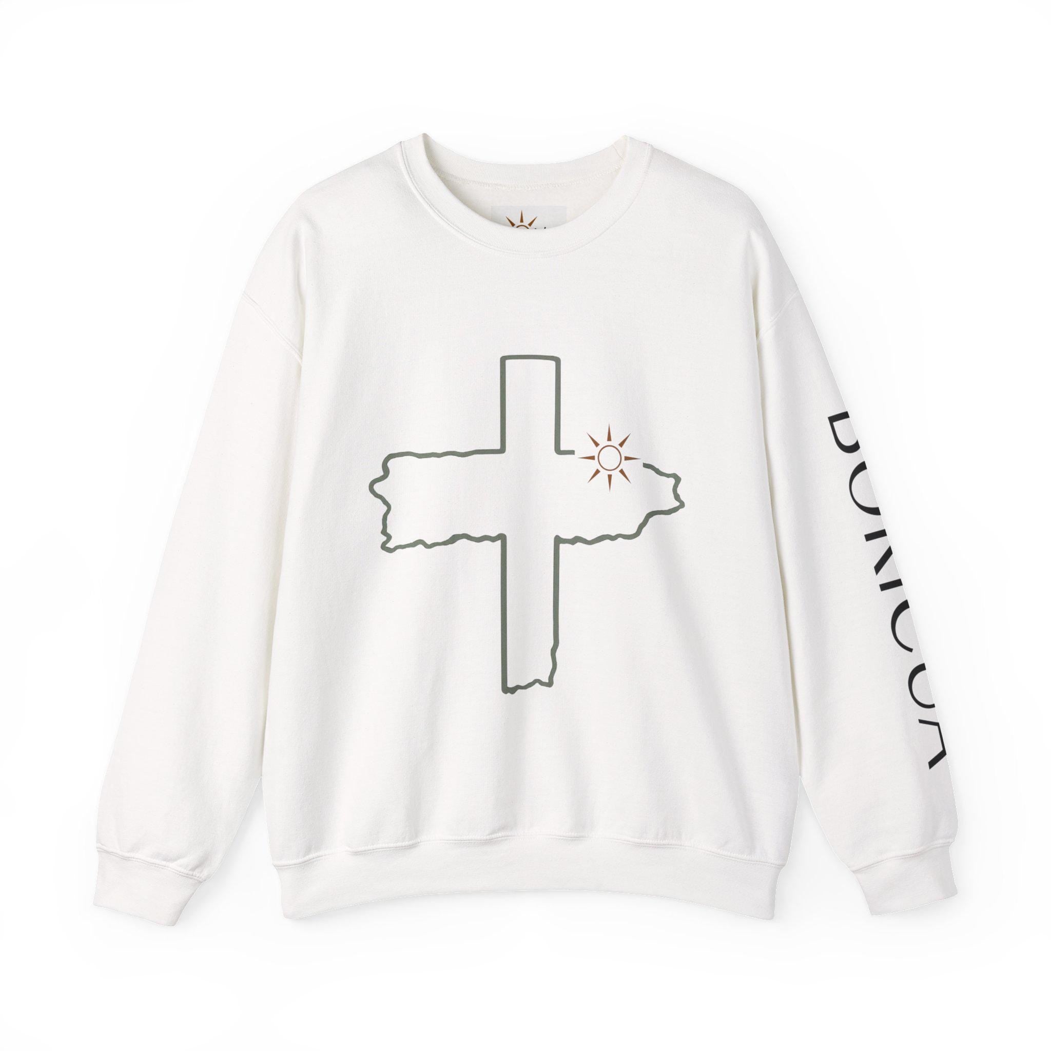 Unisex Distressed Cross with Sun Crewneck Sweatshirt | Bodicia Sleeve Text