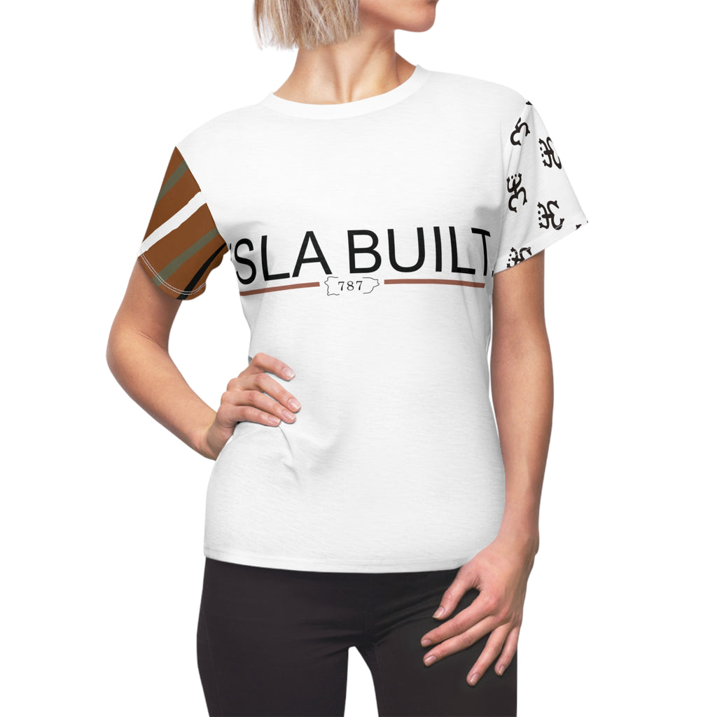 Isla Built Women's Cut & Sew Tee — Minimal Logo Graphic Tee with Patterned Sleeve
